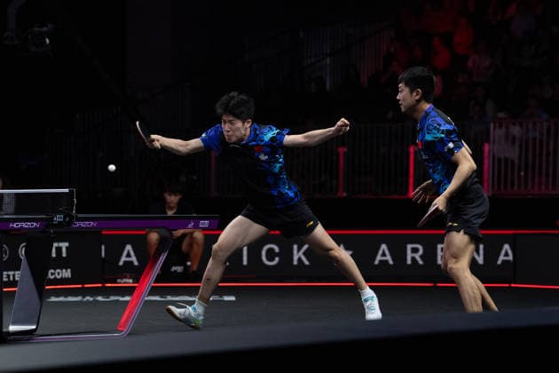 LOS ANGELES, CALIFORNIA - JULY 04: Wen Ruibo and Yuan Licen of China compete in the Men s Doubles Final match against Lin Shidong and Huang Youzheng of China on day 9 of United States Smash 2026 at Ontario Convention Center on July 4, 2026 in Los Angeles, California.  Copyright: xVCGx 111652369493