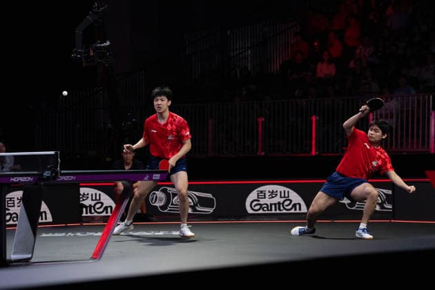 LOS ANGELES, CALIFORNIA - JULY 04: Lin Shidong and Huang Youzheng of China compete in the Men s Doubles Final match against Wen Ruibo and Yuan Licen of China on day 9 of United States Smash 2026 at Ontario Convention Center on July 4, 2026 in Los Angeles, California.  Copyright: xVCGx 111652369495