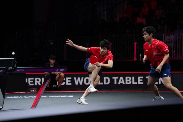 LOS ANGELES, CALIFORNIA - JULY 04: Lin Shidong and Huang Youzheng of China compete in the Men s Doubles Final match against Wen Ruibo and Yuan Licen of China on day 9 of United States Smash 2026 at Ontario Convention Center on July 4, 2026 in Los Angeles, California.  Copyright: xVCGx 111652369496