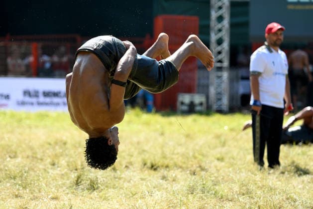 665th Historic Kirkpinar Oil Wrestling Festival in Turkiye s Edirne EDIRNE, TURKIYE - JULY 5: Oil wrestler Aydincan Gumusdag of Edirne celebrates after winning his bout during the third day of the 665th Historic Kirkpinar Oil Wrestling Festival at the Sarayici Er Meydani wrestling grounds in Edirne, Turkiye, on July 5, 2026. Gokhan Balci Anadolu Edirne Turkey. Editorial use only. Please get in touch for any other usage.  Copyright: x2026xAnadoluxGokhanxBalcix