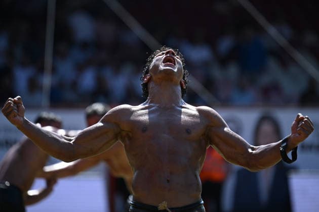 665th Historic Kirkpinar Oil Wrestling Festival in Turkiye s Edirne EDIRNE, TURKIYE - JULY 5: Oil wrestler Aydincan Gumusdag of Edirne celebrates after winning his bout during the third day of the 665th Historic Kirkpinar Oil Wrestling Festival at the Sarayici Er Meydani wrestling grounds in Edirne, Turkiye, on July 5, 2026. Gokhan Balci Anadolu Edirne Turkey. Editorial use only. Please get in touch for any other usage.  Copyright: x2026xAnadoluxGokhanxBalcix