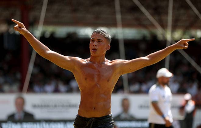 665th Historic Kirkpinar Oil Wrestling Festival in Turkiye s Edirne EDIRNE, TURKIYE - JULY 5: Wrestlers compete in various categories during the 665th Historic Kirkpinar Oil Wrestling Festival at the Sarayici Er Meydani wrestling grounds in Edirne, Turkiye, on July 5, 2026. Ozgun Tiran Anadolu Edirne Turkey. Editorial use only. Please get in touch for any other usage.  Copyright: x2026xAnadoluxOzgunxTiranx
