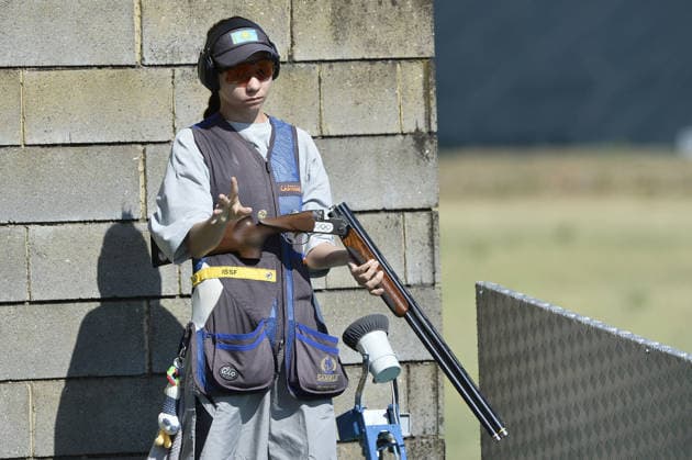IPA86397905 - Lidiya Basharova of Kazakhstan loads shells into a shotgun during the first day of the ISSF World Cup Shotgun competition at the Concaverde Shooting Range on July 5, 2025, in Lonato del Garda, Italy.  Copyright: xRichardxMorgano IPAxSportx xx 86397905