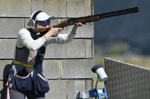IPA86397945 - Adel Sadakbayeva of Kazakhstan shoots during the first day of the ISSF World Cup Shotgun competition at the Concaverde Shooting Range on July 5, 2025, in Lonato del Garda, Italy.  Copyright: xRichardxMorgano IPAxSportx xx 86397945