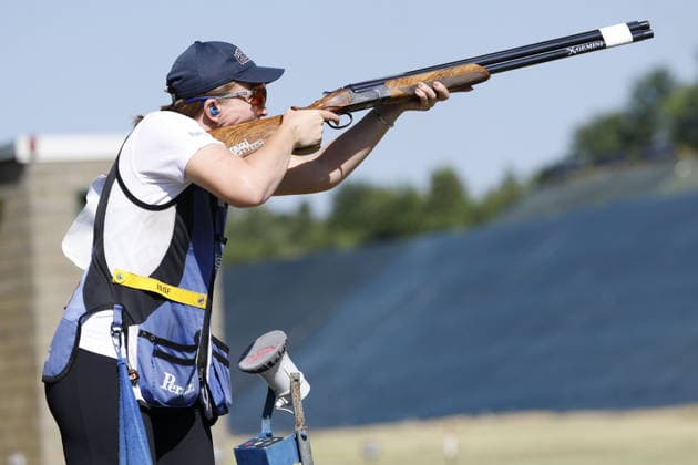 IPA86397950 - Emmanouela Katzouraki of Greece competes on the first day of the ISSF World Cup Shotgun event at the Concaverde Shooting Range on July 5, 2025, in Lonato del Garda, Italy.  Copyright: xRichardxMorgano IPAxSportx xx 86397950