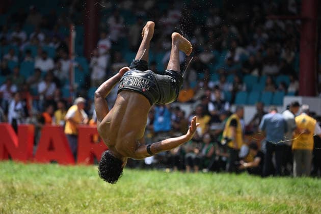 665th Historic Kirkpinar Oil Wrestling Festival in Turkiye s Edirne EDIRNE, TURKIYE - JULY 5: Wrestlers compete in various categories during the 665th Historic Kirkpinar Oil Wrestling Festival at the Sarayici Er Meydani wrestling grounds in Edirne, Turkiye, on July 5, 2026. Gokhan Balci Anadolu Edirne Turkey. Editorial use only. Please get in touch for any other usage.  Copyright: x2026xAnadoluxGokhanxBalcix