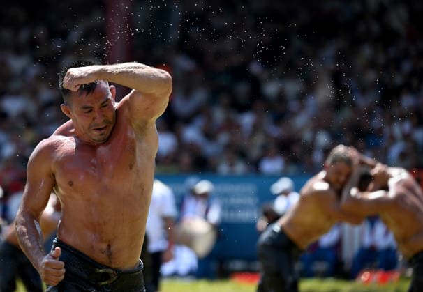 665th Historic Kirkpinar Oil Wrestling Festival in Turkiye s Edirne EDIRNE, TURKIYE - JULY 5: Wrestlers compete in various categories during the 665th Historic Kirkpinar Oil Wrestling Festival at the Sarayici Er Meydani wrestling grounds in Edirne, Turkiye, on July 5, 2026. Gokhan Balci Anadolu Edirne Turkey. Editorial use only. Please get in touch for any other usage.  Copyright: x2026xAnadoluxGokhanxBalcix