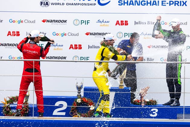 2026 FORMULA E SHANGHAI ePRIX podium, portrait, DI GRASSI Lucas (bra), Lola Yamaha ABT Formula E Team, Lola T002, portrait VERGNE Jean-Eric (fra), CitroÃ«n Racing Formula E Team, CitroÃ«n, portrait during the Shanghai ePrix, 12th and 13th round of the 2025-26 ABB FIA Formula E World Championship, WM, Weltmeisterschaft on the Shanghai International Circuit from July 3 to 5, 2026 in Shanghai, China - ShanghaiChina  Copyright: xDamienxDoumerguex