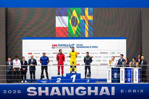 2026 FORMULA E SHANGHAI ePRIX podium, portrait, DI GRASSI Lucas (bra), Lola Yamaha ABT Formula E Team, Lola T002, portrait VERGNE Jean-Eric (fra), CitroÃ«n Racing Formula E Team, CitroÃ«n, portrait ERIKSSON Joel (swe), Envision Racing, Jaguar I-Type 7, portrait during the Shanghai ePrix, 12th and 13th round of the 2025-26 ABB FIA Formula E World Championship, WM, Weltmeisterschaft on the Shanghai International Circuit from July 3 to 5, 2026 in Shanghai, China - ShanghaiChina  Copyright: xDamienxDoumerguex
