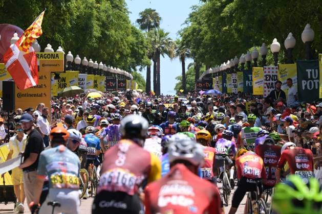 The start of the second stage of the 2026 Tour de France cycling race, a stage of 182km from Tarragona to Barcelona, Sunday 05 July 2026. The 113th edition of the Tour de France starts on Saturday 4 July in Barcelona, Spain, and will finish in Paris, France on the 26th of July. DAVIDxPINTENS  x180425383x