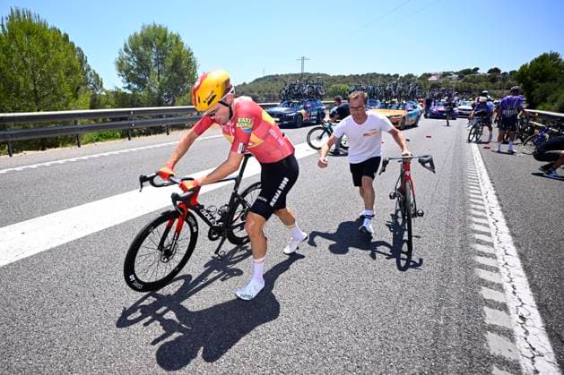 Tour de France 2026 Stage 2 BARCELONA, SPAIN - JULY 05 : Charmig Anthon (DEN) of Uno-X Mobility after a crash during stage 2 of the 113rd edition of Tour de France an UCI World Tour 2.UWT cycling road race stage for Men Elite of 182 km with start in Tarragona and finish in Barcelona on July 5, 2026 in Barcelona, Spain, 05 07 2026 ( Motordriver Kurt Vandenborre - Barcelona Spain  Copyright: xTomasxSiskx