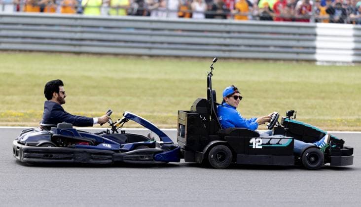 SILVERSTONE - Mohammed Ben Sulayem (President of the FIA) and Andrea Kimi Antonelli (Mercedes) in a LEGO kart during the drivers parade at the Silverstone circuit for the British Grand Prix. SANDER KONING ANP xVIxANPxSportx xxANPxIVx 562860862 originalFilename: 562860862.jpg