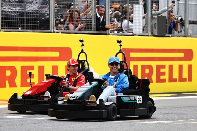 F1 British Grand Prix 2026 George Russell of Mercedes and Charles Leclerc of Ferrari drive Lego karts during the drivers parade ahead of the Formula 1 British Grand Prix at Silverstone Circuit in Northampton, Great Britain on July 5, 2026. Northampton United Kingdom  Copyright: xJakubxPorzyckix originalFilename:porzycki-f1britis260705_np01Q.jpg