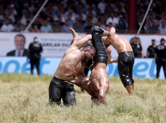 665th Historic Kirkpinar Oil Wrestling Festival in Turkiye s Edirne EDIRNE, TURKIYE - JULY 5: Wrestlers compete in various categories during the 665th Historic Kirkpinar Oil Wrestling Festival at the Sarayici Er Meydani wrestling grounds in Edirne, Turkiye, on July 5, 2026. Özgün Tiran Anadolu Edirne Turkey. Editorial use only. Please get in touch for any other usage.  Copyright: x2026xAnadoluxÖzgünxTiranx