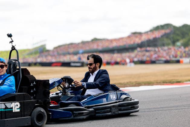 July 5, 2026, Silverstone, Northamptonshire, United Kingdom: ANDREA KIMI ANTONELLI (12, Mercedes AMG Petronas F1 Team, ITA, Italian F1 Driver, W17) with FIA President MOHAMMED BEN SULAYEM with LEGO Karts during the drivers parade on race day (Sunday) at the Formula 1 Pirelli British Grand Prix 2026 at Silverstone Circuit Silverstone United Kingdom - ZUMAr193 20260705_zsp_r193_081 Copyright: xSaraxRuffonix