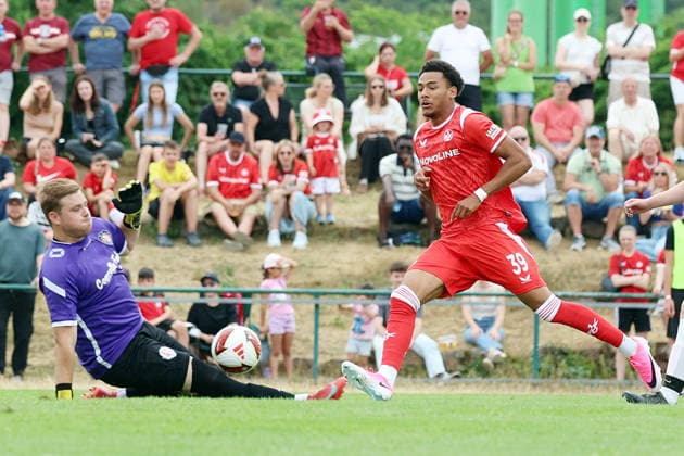 05.07.2026, xrekx, Fussball Testspiel, TSG Kaiserslautern - 1.FC Kaiserslautern v.l. Thierry Tazemeta (1.FC Kaiserslautern) (DFL DFB REGULATIONS PROHIBIT ANY USE OF PHOTOGRAPHS as IMAGE SEQUENCES and or QUASI-VIDEO) Kaiserslautern *** July 5, 2026, xrekx, Soccer Friendly Match, TSG Kaiserslautern vs. 1. FC Kaiserslautern, l Thierry Tazemeta, 1. FC Kaiserslautern. DFL and DFB regulations prohibit any use of photographs as image sequences and or quasi-video. Kaiserslautern