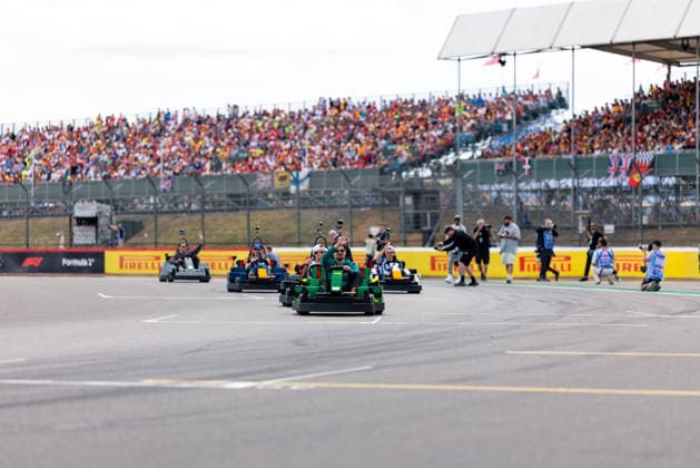 July 5, 2026, Silverstone, Northamptonshire, United Kingdom: LANCE STROLL (18, Aston Martin Aramco F1 Team, CAN, Canadian F1 Driver, AMR26) LIAM LAWSON (30, Visa Cash App Racing Bulls F1 Team, NZL, New Zeeland F1 Driver, VCARB 03) SERGIO PEREZ (11, Cadillac F1 Team, MEX, Mexican F1 Driver, MAC-26) MAX VERSTAPPEN (3, Oracle Red Bull Racing, NLD, Dutch F1 Driver, RB22) NICO HULKENBERG (27, Audi Revolut F1 Team, GER, German F1 Driver, R26) with LEGO Karts during the drivers parade on race day (Sunday) at the Formula 1 Pirelli British Grand Prix 2026 at Silverstone Circuit F12026: British Grand Prix  - ZUMAr193 20260705_zsp_r193_089 Copyright: xSaraxRuffonix