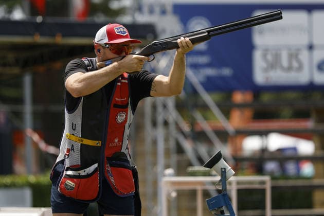IPA86403860 - Hancock Vincent of the United States shoots during the first day of the ISSF World Cup Shotgun competition at the Concaverde Shooting Range on July 5, 2026, in Lonato del Garda, Italy.  Copyright: xRichardxMorgano IPAxSportx xx 86403860