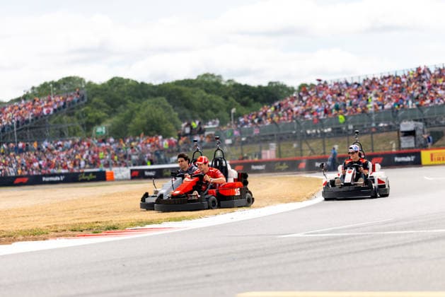 July 5, 2026, Silverstone, Northamptonshire, United Kingdom: CHARLES LECLERC (16, Scuderia Ferrari HP, MCO, Monegasque F1 Driver, SF-26) GABRIEL BORTOLETO (5, Audi Revolut F1 Team, BRA, Brasilian F1 Driver, R26) OLIVER (OLLIE) BEARMAN (87, TGR Haas F1 Team, GBR, British F1 Driver, VF-26) with LEGO Karts during the drivers parade on race day (Sunday) at the Formula 1 Pirelli British Grand Prix 2026 at Silverstone Circuit F12026: British Grand Prix  - ZUMAr193 20260705_zsp_r193_097 Copyright: xSaraxRuffonix