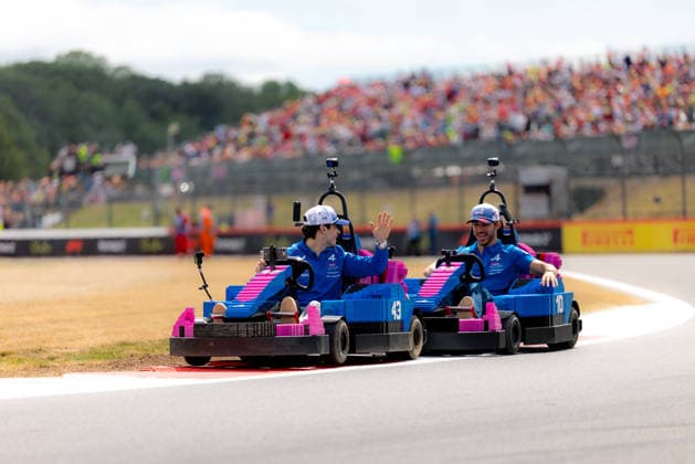 July 5, 2026, Silverstone, Northamptonshire, United Kingdom: PIERRE GASLY (10, BWT Alpine F1 Team, FRA, French F1 Driver, A526) FRANCO COLAPINTO (43, BWT Alpine F1 Team, ARG, Argentinian F1 Driver, A526) with LEGO Karts during the drivers parade on race day (Sunday) at the Formula 1 Pirelli British Grand Prix 2026 at Silverstone Circuit F12026: British Grand Prix  - ZUMAr193 20260705_zsp_r193_107 Copyright: xSaraxRuffonix