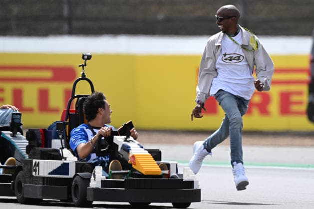RECORD DATE NOT STATED 5th July 2026; Silverstone Circuit, Northamptonshire, England; FIA Formula 1 2026 British F1 Grand Prix; Race Day; Arvid Lindblad of Racing Bulls is joined by Mo Farrah during the lego car race SimonxWest