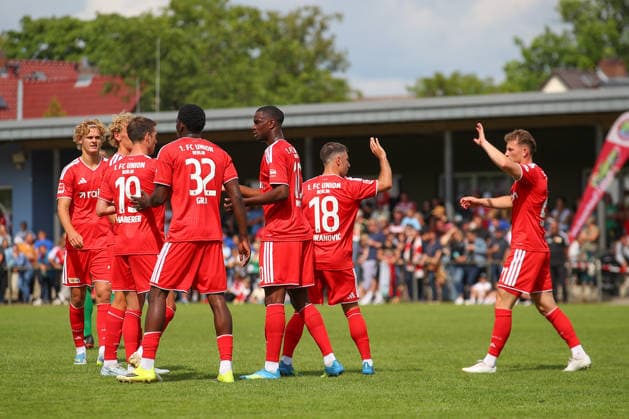 05.07.2026, xtgx, Fussball Testspiel, SV Grün-Weiß Lübben - 1. FC Union Berlin emspor, v.l. Ilyas Ansah (Union Berlin, 10) Jubel, Torjubel, jubelt ueber das Tor, celebrate the goal, celebration (DFL DFB REGULATIONS PROHIBIT ANY USE OF PHOTOGRAPHS as IMAGE SEQUENCES and or QUASI-VIDEO) Lübben *** July 5, 2026, xtgx, Soccer Friendly Match, SV Grün Weiß Lübben 1 vs. FC Union Berlin emspor, from left: Ilyas Ansah (Union Berlin), 10 celebrating, Goal celebration, celebrating the goal, DFL and DFB regulations prohibit any use of photographs as image sequences and or quasi-video Lübben