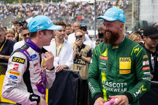 05.07.2026 - Motorsport - Rennwochenende Norisring Nürnberg 2026 - Internationales ADAC Norisring Speedweekend - DCDE - xdcxdex - DTM - Jubel Freude bei Finn Wiebelhaus (HRT Ford Racing, Ford) und Nicki Thiim (Comtoyou Racing, Aston Martin) *** July 5, 2026 Motorsport Race Weekend at the Norisring, Nuremberg 2026 International ADAC Norisring Speed Weekend DCDE xdcxdex DTM Jubilation and joy for Finn Wiebelhaus (HRT Ford Racing), Ford, and Nicki Thiim (Comtoyou Racing), Aston Martin