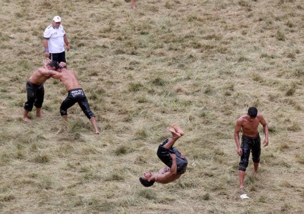 665th Historic Kirkpinar Oil Wrestling Festival in Turkiye s Edirne EDIRNE, TURKIYE - JULY 5: Aydincan Gumusdag (2nd R) celebrates after winning his bout during the 665th Historic Kirkpinar Oil Wrestling Festival at the Sarayici Er Meydani wrestling grounds in Edirne, Turkiye, on July 5, 2026. Ozgun Tiran Anadolu Edirne Turkey. Editorial use only. Please get in touch for any other usage.  Copyright: x2026xAnadoluxOzgunxTiranx