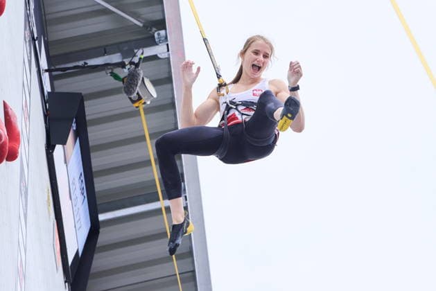 Krakow 05.07.2026. Day 3 of IFSC Speed World Cup Krakow 2026 in Cracow, Poland --- Wspinaczka Sportowa. Puchar Swiata we wspinaczce sportowej na czas Krakow 2026 w Krakowie, dzien 3 Persons shown: Aleksandra Kalucka (POL) after beating WR in Women s Speed Relay in Kaluckas sisters couple Fot. Dominika Chmura Arena Akcji NEWSPIX.PL --- newspix.pl 