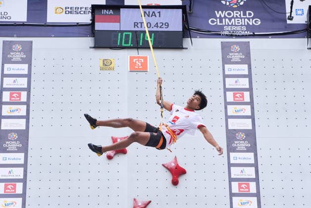 Krakow 05.07.2026. Day 3 of IFSC Speed World Cup Krakow 2026 in Cracow, Poland --- Wspinaczka Sportowa. Puchar Swiata we wspinaczce sportowej na czas Krakow 2026 w Krakowie, dzien 3 Persons shown: Antasyafi Robby Al Hilmi (INA) Fot. Dominika Chmura Arena Akcji NEWSPIX.PL --- newspix.pl 