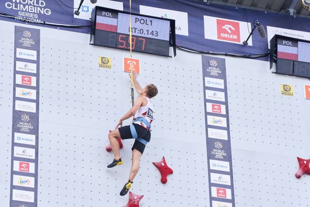 Krakow 05.07.2026. Day 3 of IFSC Speed World Cup Krakow 2026 in Cracow, Poland --- Wspinaczka Sportowa. Puchar Swiata we wspinaczce sportowej na czas Krakow 2026 w Krakowie, dzien 3 Persons shown: Oskar Szalecki (POL) Fot. Dominika Chmura Arena AkcjiFot. Dominika Chmura Arena Akcji NEWSPIX.PL --- newspix.pl 