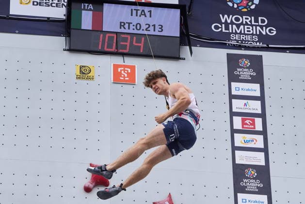Krakow 05.07.2026. Day 3 of IFSC Speed World Cup Krakow 2026 in Cracow, Poland --- Wspinaczka Sportowa. Puchar Swiata we wspinaczce sportowej na czas Krakow 2026 w Krakowie, dzien 3 Persons shown: Luca Robbiati (ITA) Fot. Dominika Chmura Arena AkcjiFot. Dominika Chmura Arena Akcji NEWSPIX.PL --- newspix.pl 