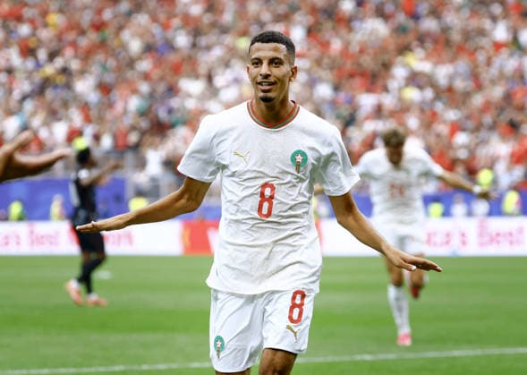 Football: 2026 World Cup+ Morocco s Azzedine Ounahi runs after scoring the team s second goal in the second half of a World Cup round of 16 football match against Canada at Houston Stadium in Houston on July 4, 2026.  A14AA0005621617P
