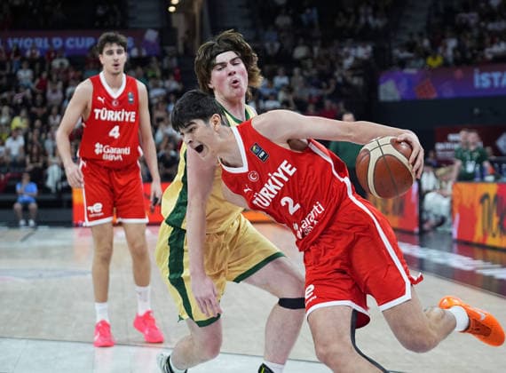 Turkiye v Australia - FIBA U17, U 17 Basketball World Cup ISTANBUL, TURKIYE - JULY 5: Darius Karutasu (2) of Turkiye in action against Lucas Byrne (rear) of Australia during the FIBA Under-17 Basketball World Cup third-place game between Turkiye and Australiaat the Basketball Development Center in Istanbul, Turkiye, on July 5, 2026. Esra Bilgin Anadolu Istanbul Turkey. Editorial use only. Please get in touch for any other usage.  Copyright: x2026xAnadoluxEsraxBilginx