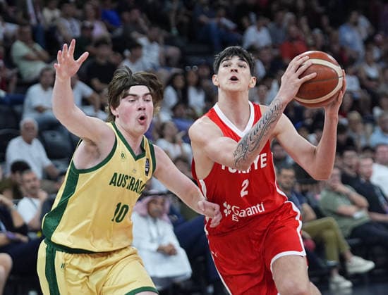 Turkiye v Australia - FIBA U17, U 17 Basketball World Cup ISTANBUL, TURKIYE - JULY 5: Darius Karutasu (2) of Turkiye in action against Lucas Byrne (10) of Australia during the FIBA Under-17 Basketball World Cup third-place game between Turkiye and Australiaat the Basketball Development Center in Istanbul, Turkiye, on July 5, 2026. Esra Bilgin Anadolu Istanbul Turkey. Editorial use only. Please get in touch for any other usage.  Copyright: x2026xAnadoluxEsraxBilginx