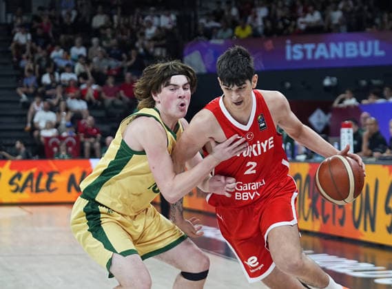 Turkiye v Australia - FIBA U17, U 17 Basketball World Cup ISTANBUL, TURKIYE - JULY 5: Darius Karutasu (2) of Turkiye in action against Lucas Byrne (L) of Australia during the FIBA Under-17 Basketball World Cup third-place game between Turkiye and Australiaat the Basketball Development Center in Istanbul, Turkiye, on July 5, 2026. Esra Bilgin Anadolu Istanbul Turkey. Editorial use only. Please get in touch for any other usage.  Copyright: x2026xAnadoluxEsraxBilginx