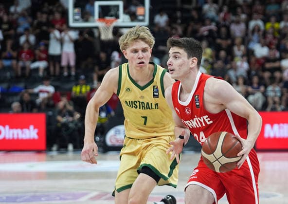 Turkiye v Australia - FIBA U17, U 17 Basketball World Cup ISTANBUL, TURKIYE - JULY 5: Sarp Kaya Arda (24) of Turkiye in action against Luke Paul (7) of Australia during the FIBA Under-17 Basketball World Cup third-place game between Turkiye and Australiaat the Basketball Development Center in Istanbul, Turkiye, on July 5, 2026. Esra Bilgin Anadolu Istanbul Turkey. Editorial use only. Please get in touch for any other usage.  Copyright: x2026xAnadoluxEsraxBilginx
