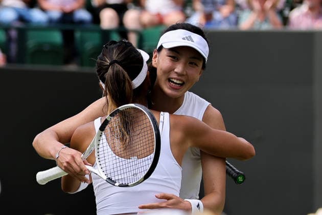 (260705) -- LONDON, July 5, 2026 -- Wang Xinyu (R) Hsieh Su-Wei celebrate during the women s doubles second round match between Wang Xinyu (China) Hsieh Su-Wei(Chinese Taipei) and Zhang Shuai (China) Elise Mertens(Belgium) at the Wimbledon Tennis Championships in London, Britain, on July 5, 2026. (Photo by Xinhua) (SP)BRITAIN-LONDON-TENNIS-WIMBLEDON-WOMEN S DOUBLES DinendraxHaria 