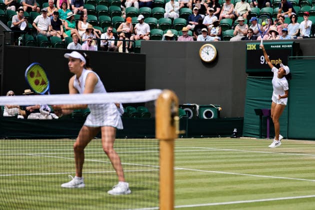 (260705) -- LONDON, July 5, 2026 -- Zhang Shuai (R) Elise Mertens compete during the women s doubles second round match between Wang Xinyu (China) Hsieh Su-Wei(Chinese Taipei) and Zhang Shuai (China) Elise Mertens(Belgium) at the Wimbledon Tennis Championships in London, Britain, on July 5, 2026. (Photo by Xinhua) (SP)BRITAIN-LONDON-TENNIS-WIMBLEDON-WOMEN S DOUBLES DinendraxHaria 