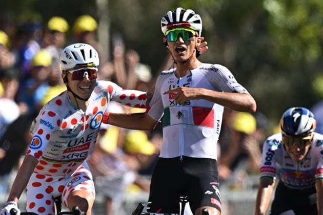 Slovenian Tadej Pogacar of UAE Team Emirates-XRG, Mexican Isaac Del Toro of UAE Team Emirates-XRG and pictured as they crosses the finish line of the second stage of the 2026 Tour de France cycling race, a stage of 182km from Tarragona to Barcelona, Sunday 05 July 2026. The 113th edition of the Tour de France starts on Saturday 4 July in Barcelona, Spain, and will finish in Paris, France on the 26th of July. DAVIDxPINTENS  x180438351x