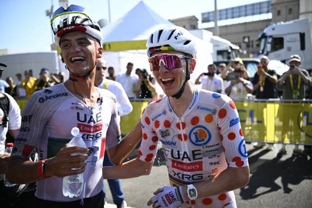 Tour de France 2026 Stage 2 BARCELONA, SPAIN - JULY 05 : Del Toro Isaac (MEX) of UAE Team Emirates XRG celebrating his victory with Pogacar Tadej (SLO) of UAE Team Emirates XRG during stage 2 of the 113rd edition of Tour de France an UCI World Tour 2.UWT cycling road race stage for Men Elite of 182 km with start in Tarragona and finish in Barcelona on July 5, 2026 in Barcelona, Spain, 05 07 2026 Barcelona Spain  Copyright: xJasperxJacobsx