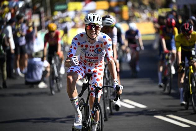 Slovenian Tadej Pogacar of UAE Team Emirates-XRG and pictured as he crosses the finish line of the second stage of the 2026 Tour de France cycling race, a stage of 182km from Tarragona to Barcelona, Sunday 05 July 2026. The 113th edition of the Tour de France starts on Saturday 4 July in Barcelona, Spain, and will finish in Paris, France on the 26th of July. JASPERxJACOBS  x180439312x