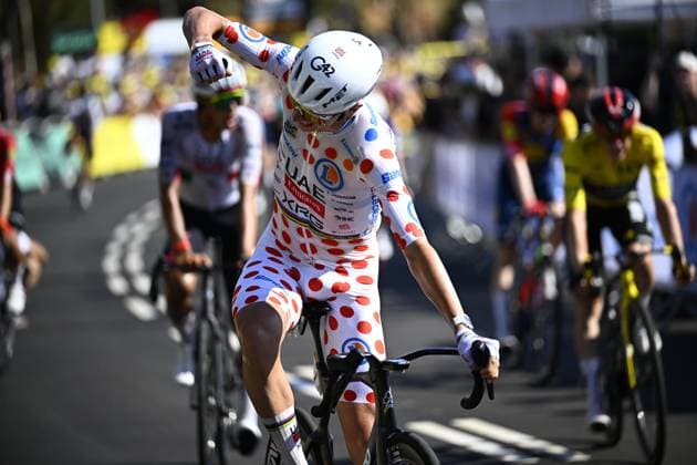 Slovenian Tadej Pogacar of UAE Team Emirates-XRG and pictured as he crosses the finish line of the second stage of the 2026 Tour de France cycling race, a stage of 182km from Tarragona to Barcelona, Sunday 05 July 2026. The 113th edition of the Tour de France starts on Saturday 4 July in Barcelona, Spain, and will finish in Paris, France on the 26th of July. JASPERxJACOBS  x180439313x
