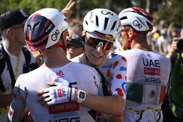 Tour de France 2026 Stage 2 BARCELONA, SPAIN - JULY 05 : Del Toro Isaac (MEX) of UAE Team Emirates XRG celebrating his victory with Pogacar Tadej (SLO) of UAE Team Emirates XRG during stage 2 of the 113rd edition of Tour de France an UCI World Tour 2.UWT cycling road race stage for Men Elite of 182 km with start in Tarragona and finish in Barcelona on July 5, 2026 in Barcelona, Spain, 05 07 2026 Barcelona Spain  Copyright: xJasperxJacobsx