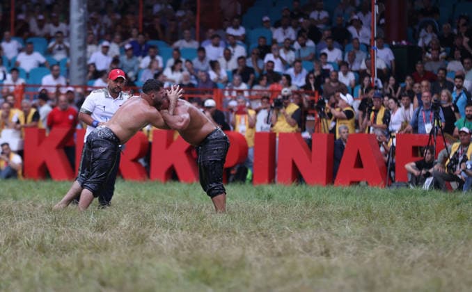 Erkan Tas wins chief wrestler title at 665th Historic Kirkpinar Oil Wrestling Festival EDIRNE, TURKIYE - JULY 5: Erkan Tas competes against Feyzullah Akturk in the final to become the chief wrestler during the 665th Historic Kirkpinar Oil Wrestling Festival at the Sarayici Er Meydani wrestling grounds in Edirne, Turkiye, on July 5, 2026. Ozgun Tiran Anadolu Edirne Turkey. Editorial use only. Please get in touch for any other usage.  Copyright: x2026xAnadoluxOzgunxTiranx