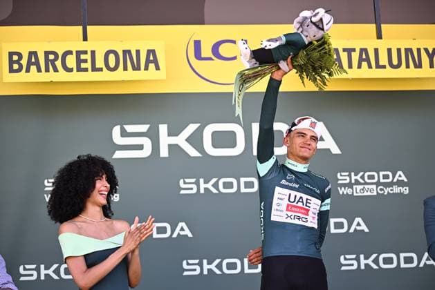 Mexican Isaac Del Toro of UAE Team Emirates-XRG and pictured on the podium after winning the second stage of the 2026 Tour de France cycling race, a stage of 182km from Tarragona to Barcelona, Sunday 05 July 2026. The 113th edition of the Tour de France starts on Saturday 4 July in Barcelona, Spain, and will finish in Paris, France on the 26th of July. JASPERxJACOBS  x180439581x