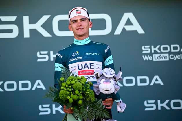 Tour de France 2026 Stage 2 BARCELONA, SPAIN - JULY 05 : Del Toro Isaac (MEX) of UAE Team Emirates XRG on the podium wearing the green jersey during stage 2 of the 113rd edition of Tour de France an UCI World Tour 2.UWT cycling road race stage for Men Elite of 182 km with start in Tarragona and finish in Barcelona on July 5, 2026 in Barcelona, Spain, 05 07 2026 Barcelona Spain  Copyright: xTomasxSiskx