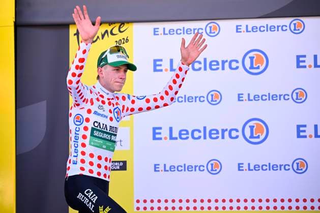 Tour de France 2026 Stage 2 BARCELONA, SPAIN - JULY 05 : Molenaar Alex (NED) of Caja Rural Seguros RGA on the podium wearing the polka dot jersey during stage 2 of the 113rd edition of Tour de France an UCI World Tour 2.UWT cycling road race stage for Men Elite of 182 km with start in Tarragona and finish in Barcelona on July 5, 2026 in Barcelona, Spain, 05 07 2026 Barcelona Spain  Copyright: xTomasxSiskx