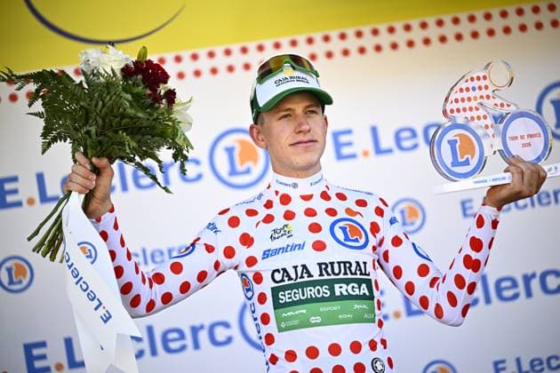 Slovenian Tadej Pogacar of UAE Team Emirates XRG pictured on the podium after the second stage of the 2026 Tour de France cycling race, a stage of 182km from Tarragona to Barcelona, Sunday 05 July 2026. The 113th edition of the Tour de France starts on Saturday 4 July in Barcelona, Spain, and will finish in Paris, France on the 26th of July. JASPERxJACOBS  x180440110x