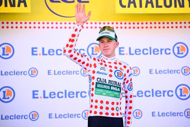 Tour de France 2026 Stage 2 BARCELONA, SPAIN - JULY 05 : Molenaar Alex (NED) of Caja Rural Seguros RGA on the podium wearing the polka dot jersey during stage 2 of the 113rd edition of Tour de France an UCI World Tour 2.UWT cycling road race stage for Men Elite of 182 km with start in Tarragona and finish in Barcelona on July 5, 2026 in Barcelona, Spain, 05 07 2026 Barcelona Spain  Copyright: xTomasxSiskx